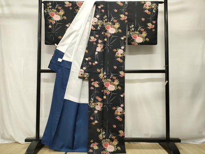 平和屋着物■小紋　麻の葉草花文　黒地　洗える着物　CABL3932ev