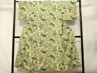 平和屋着物■上質な小紋　型染め　流水草花文　鬼しぼ縮緬　正絹　逸品　CABL3936ev
