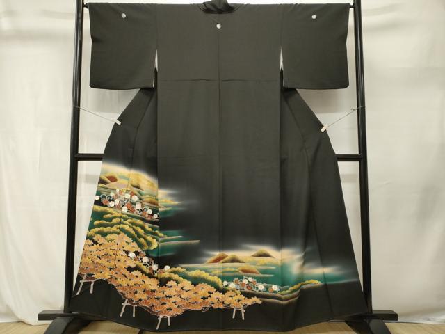 平和屋着物■豪華黒留袖　枝松遠山花唐草文　暈し染め　金彩　正絹　逸品　CABL3979ev