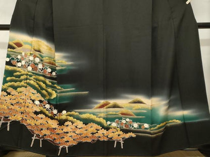 平和屋着物■豪華黒留袖　枝松遠山花唐草文　暈し染め　金彩　正絹　逸品　CABL3979ev