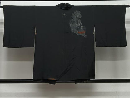 平和屋着物＃羽織　寿光織　動物文　黒地　銀糸　正絹　逸品　CABL4005ua