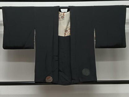 平和屋着物＃羽織　寿光織　動物文　黒地　銀糸　正絹　逸品　CABL4005ua