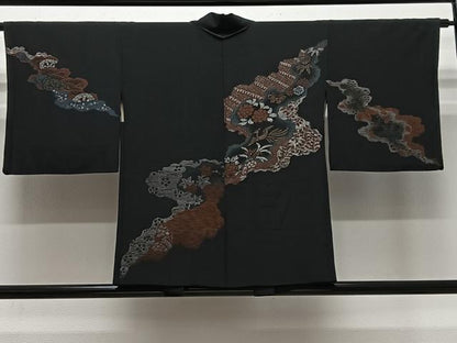 平和屋着物＃羽織　寿光織　花鳥文　黒地　金銀糸　正絹　逸品　CABL4017ua