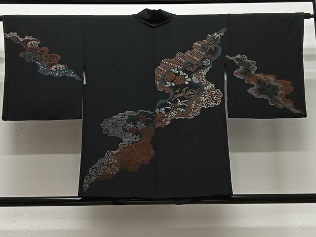 平和屋着物＃羽織　寿光織　花鳥文　黒地　金銀糸　正絹　逸品　CABL4017ua