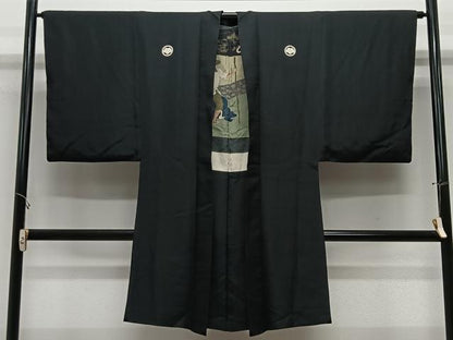 平和屋着物＃男性　長羽織　黒紋付　正絹　逸品　CABL4026ua