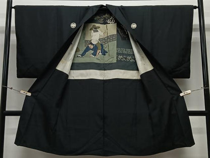 平和屋着物＃男性　長羽織　黒紋付　正絹　逸品　CABL4026ua