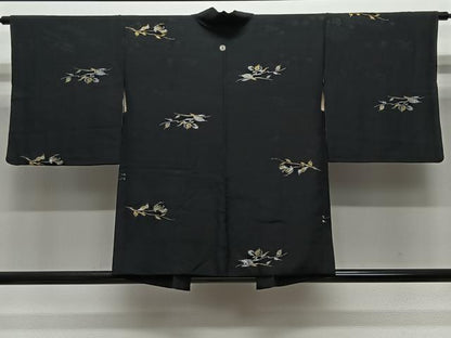 平和屋着物＃羽織　寿光織　草花文　黒地　金銀糸　正絹　逸品　CABL4027ua