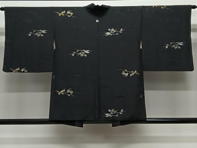 平和屋着物＃羽織　寿光織　草花文　黒地　金銀糸　正絹　逸品　CABL4027ua