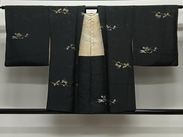 平和屋着物＃羽織　寿光織　草花文　黒地　金銀糸　正絹　逸品　CABL4027ua