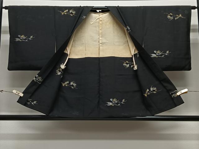 平和屋着物＃羽織　寿光織　草花文　黒地　金銀糸　正絹　逸品　CABL4027ua