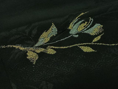 平和屋着物＃羽織　寿光織　草花文　黒地　金銀糸　正絹　逸品　CABL4027ua