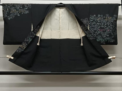 平和屋着物＃羽織　寿光織　草花文　黒地　金銀糸　正絹　逸品　CABL4038ua