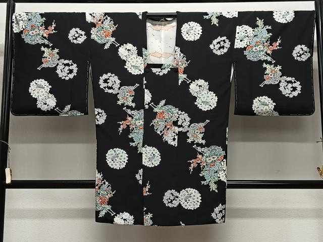 平和屋着物＃道行コート　花車文　黒地　ロング丈　正絹　逸品　未使用　CABL4048ua