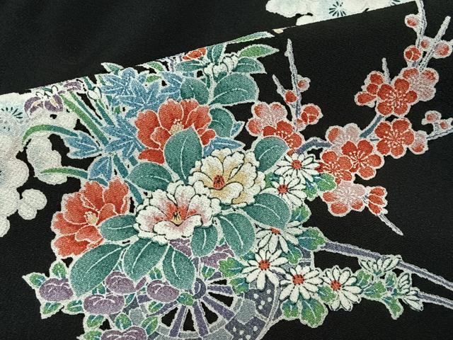平和屋着物＃道行コート　花車文　黒地　ロング丈　正絹　逸品　未使用　CABL4048ua