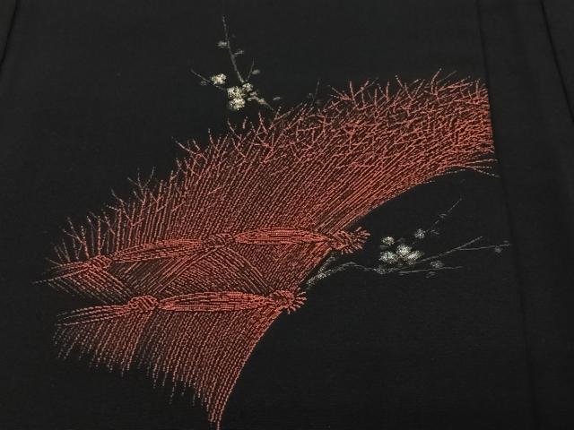 平和屋着物＃羽織　寿光織　枝花文　黒地　金銀糸　正絹　逸品　CABL4053ua