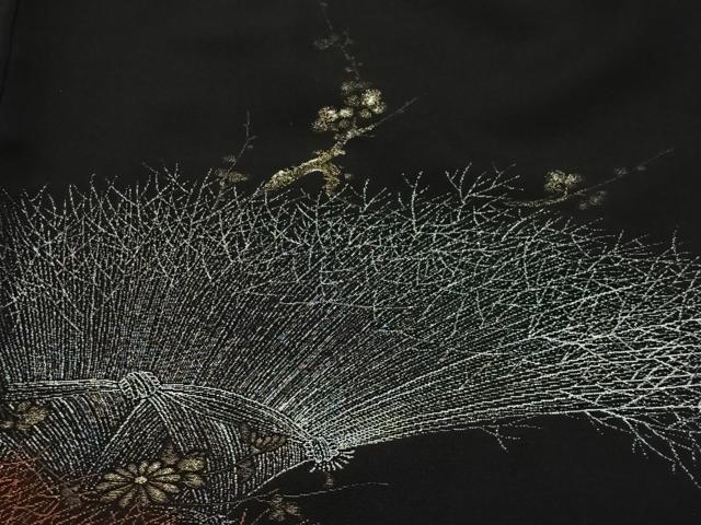 平和屋着物＃羽織　寿光織　枝花文　黒地　金銀糸　正絹　逸品　CABL4053ua