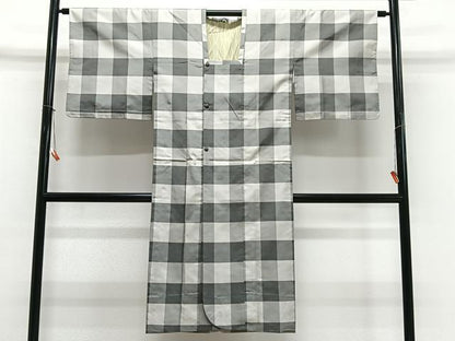 平和屋着物＃道行コート　本場縞大島紬　格子　ロング丈　正絹　逸品　CABL4054ua