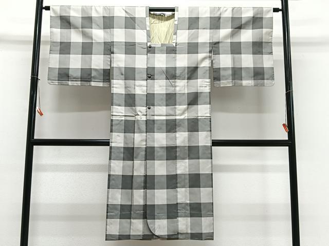 平和屋着物＃道行コート　本場縞大島紬　格子　ロング丈　正絹　逸品　CABL4054ua