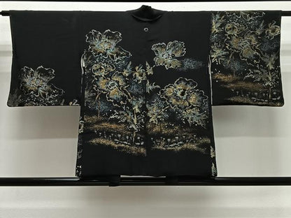 平和屋着物＃羽織　寿光織　草花文　黒地　金銀糸　正絹　逸品　CABL4059ua