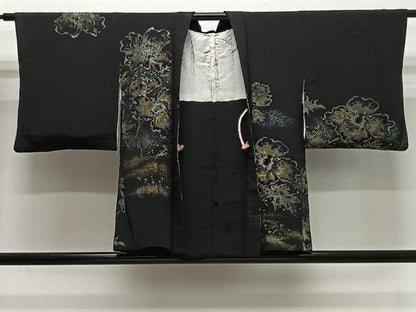 平和屋着物＃羽織　寿光織　草花文　黒地　金銀糸　正絹　逸品　CABL4059ua