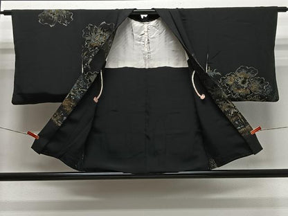 平和屋着物＃羽織　寿光織　草花文　黒地　金銀糸　正絹　逸品　CABL4059ua
