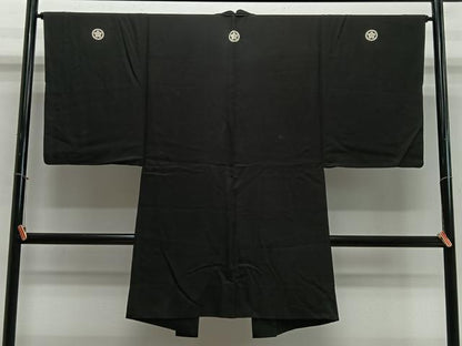 平和屋着物＃男性　長羽織　単衣　黒紋付　正絹　逸品　CABL4072ua