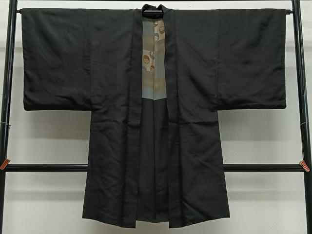 平和屋着物＃男性　長羽織　黒地　正絹　逸品　CABL4073ua