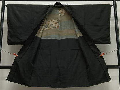 平和屋着物＃男性　長羽織　黒地　正絹　逸品　CABL4073ua