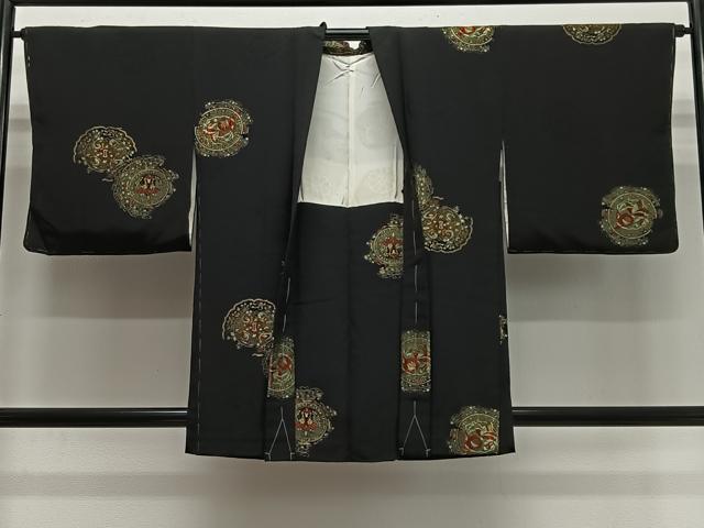 平和屋着物＃羽織　寿光織　花鳥丸文　黒地　金銀糸　正絹　逸品　未使用　CABL4076ua