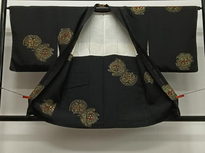平和屋着物＃羽織　寿光織　花鳥丸文　黒地　金銀糸　正絹　逸品　未使用　CABL4076ua