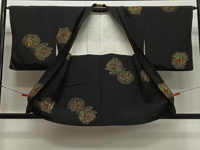 平和屋着物＃羽織　寿光織　花鳥丸文　黒地　金銀糸　正絹　逸品　未使用　CABL4076ua