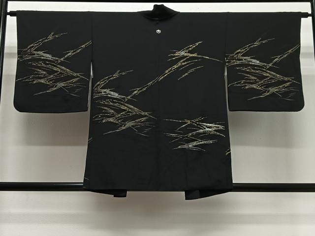 平和屋着物＃羽織　寿光織　抽象文様　黒地　金銀糸　正絹　逸品　CABL4081ua