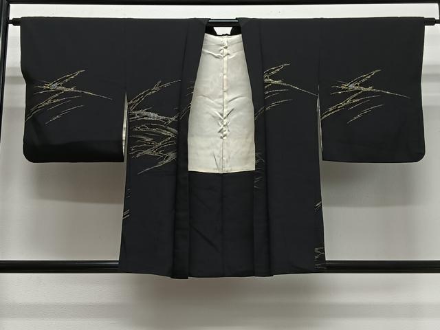 平和屋着物＃羽織　寿光織　抽象文様　黒地　金銀糸　正絹　逸品　CABL4081ua