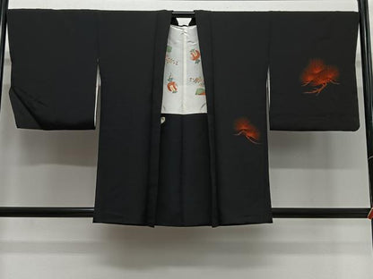 平和屋着物＃羽織　刺繍　枝松文　黒地　正絹　逸品　CABL4083ua