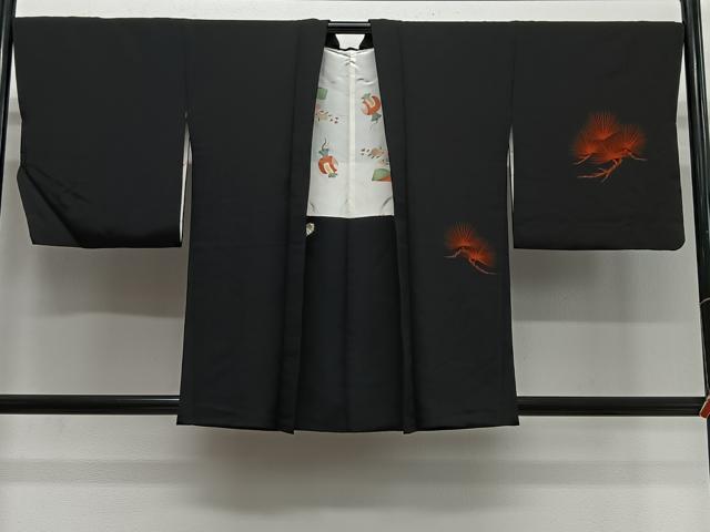 平和屋着物＃羽織　刺繍　枝松文　黒地　正絹　逸品　CABL4083ua