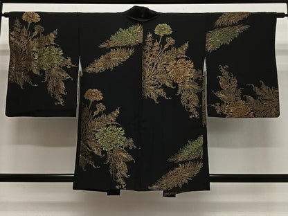 平和屋着物＃羽織　寿光織　草花文　黒地　金糸　正絹　逸品　CABL4098ua