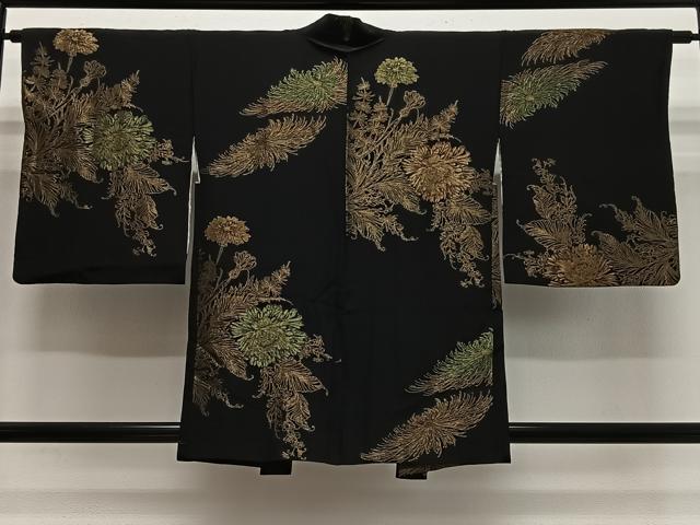 平和屋着物＃羽織　寿光織　草花文　黒地　金糸　正絹　逸品　CABL4098ua