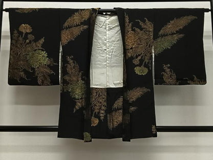 平和屋着物＃羽織　寿光織　草花文　黒地　金糸　正絹　逸品　CABL4098ua