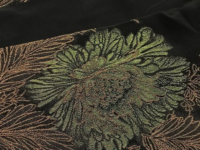 平和屋着物＃羽織　寿光織　草花文　黒地　金糸　正絹　逸品　CABL4098ua