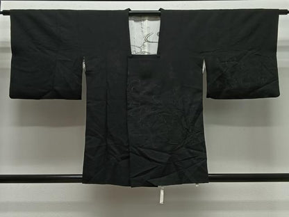 平和屋着物＃道行コート　寿光織　花唐草文　黒地　銀糸　正絹　逸品　CABL4099ua