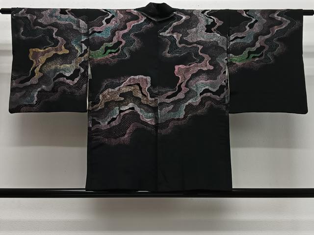 平和屋着物＃羽織　寿光織　流水文　黒地　金銀糸　正絹　逸品　CABL4100ua