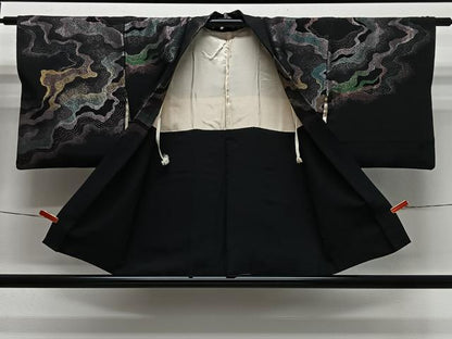 平和屋着物＃羽織　寿光織　流水文　黒地　金銀糸　正絹　逸品　CABL4100ua