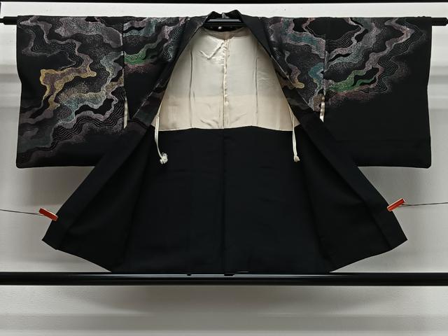 平和屋着物＃羽織　寿光織　流水文　黒地　金銀糸　正絹　逸品　CABL4100ua