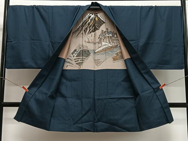平和屋着物＃男性　長羽織　紬地　120亀甲　総詰め　正絹　逸品　CABL4101ua