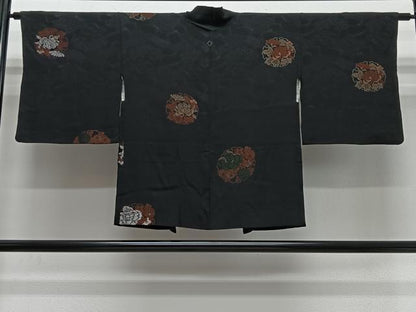 平和屋着物＃羽織　寿光織　雪輪草花文　黒地　銀糸　正絹　逸品　CABL4137ua