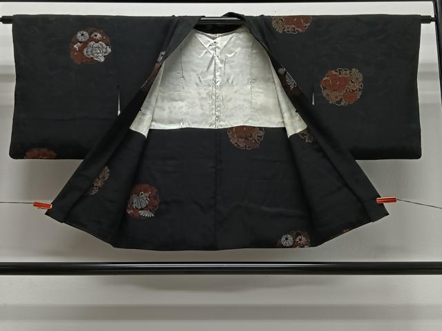 平和屋着物＃羽織　寿光織　雪輪草花文　黒地　銀糸　正絹　逸品　CABL4137ua
