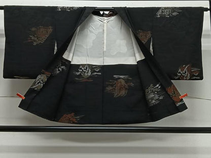 平和屋着物＃羽織　寿光織　風景文　黒地　金銀糸　正絹　逸品　CABL4141ua
