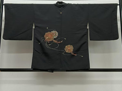 平和屋着物＃羽織　寿光織　鏡裏花文　黒地　金銀糸　正絹　逸品　CABL4143ua
