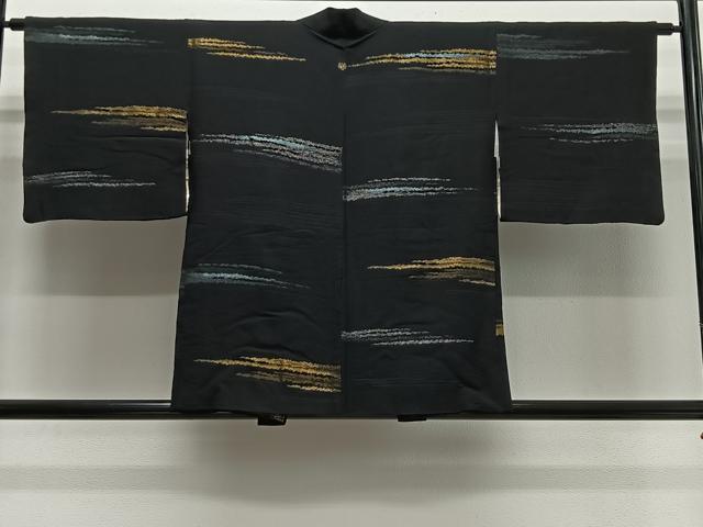 平和屋着物＃羽織　寿光織　横段文　黒地　金銀糸　正絹　逸品　CABL4144ua