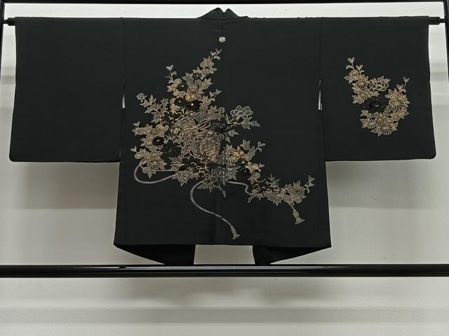 平和屋着物＃羽織　駒刺繍　花鼓　黒地　金彩　正絹　逸品　CABL4145ua